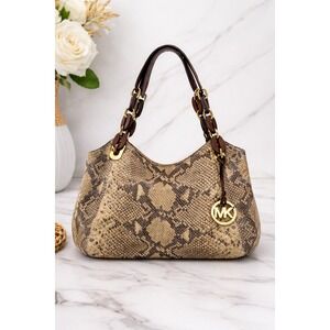 Michael Kors Snakeskin Embossed Leather Shoulder Bag Beige Brown Gold Hardware